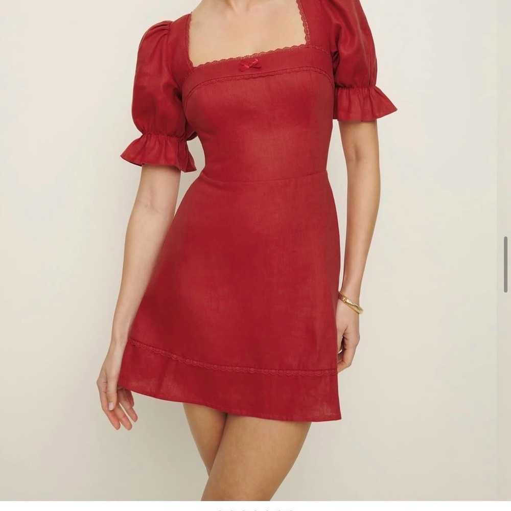 Reformation Red Square-Neck Puff Sleeve Mini Dress